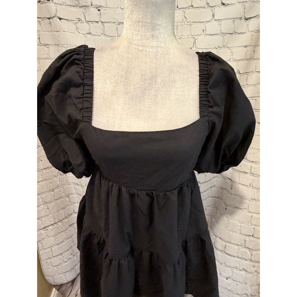 NWT OWNGIGI Women's Black Summer Dress Square Neck Puffy Short Sleeve Tie Back M - Picture 3 of 9